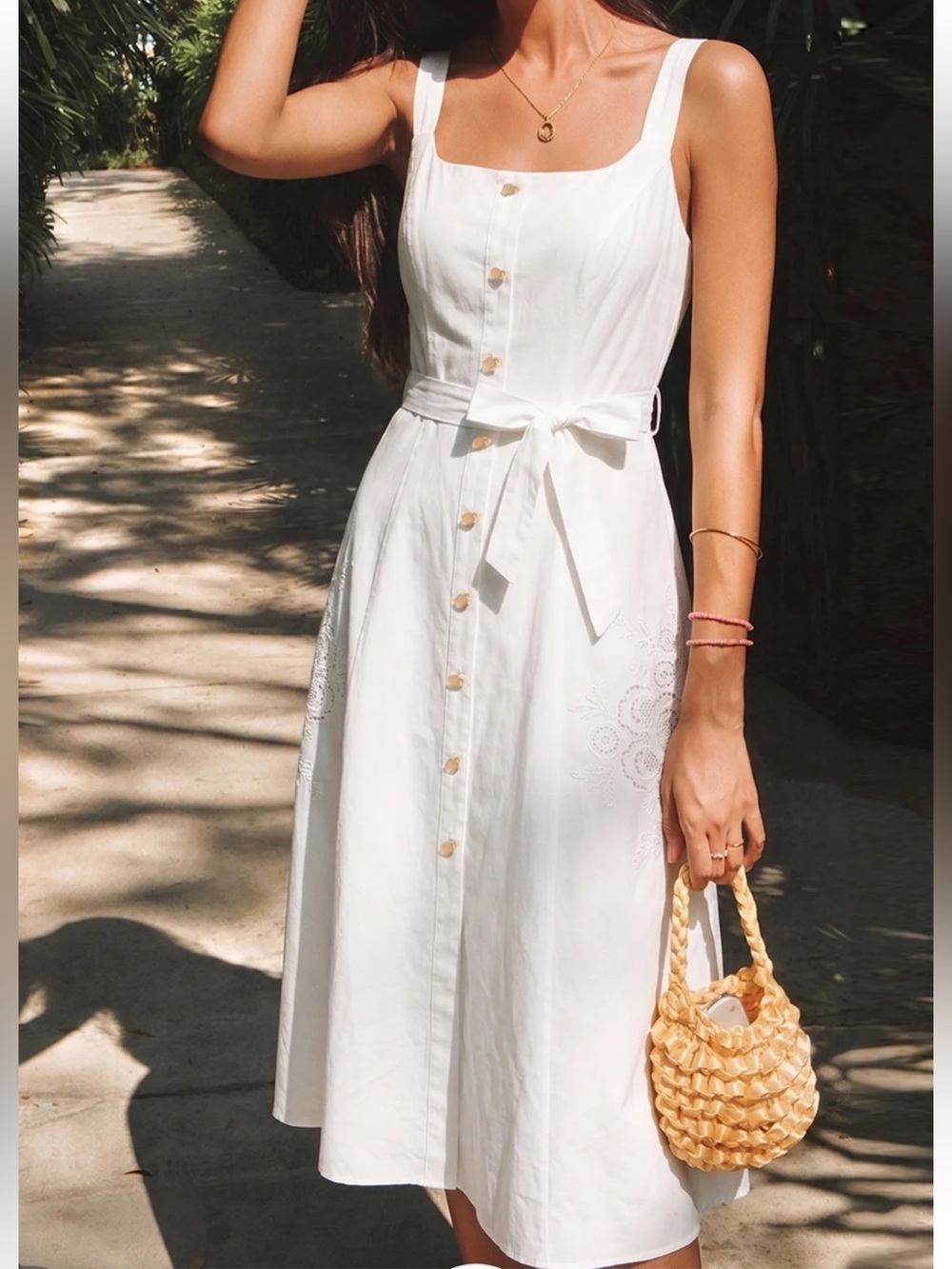 Commense Eyelet Embroidery Belted Square Neck Maxi Dress Size Large NWT